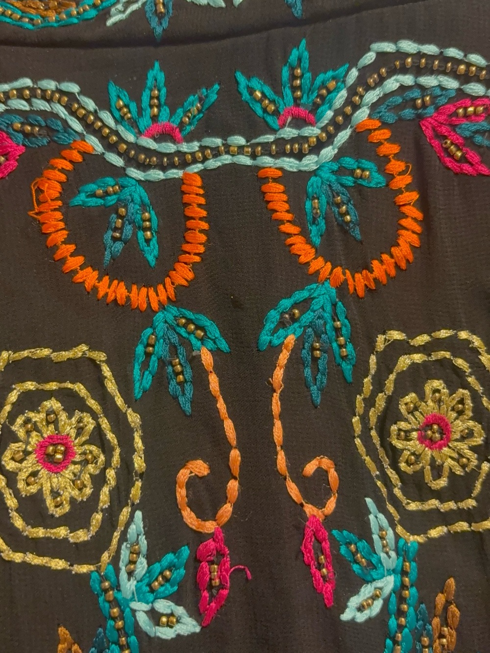 Black Embroidered Boho Maxi Skirt with Multicolor Floral Hand Stitching - Picture 4 of 5
